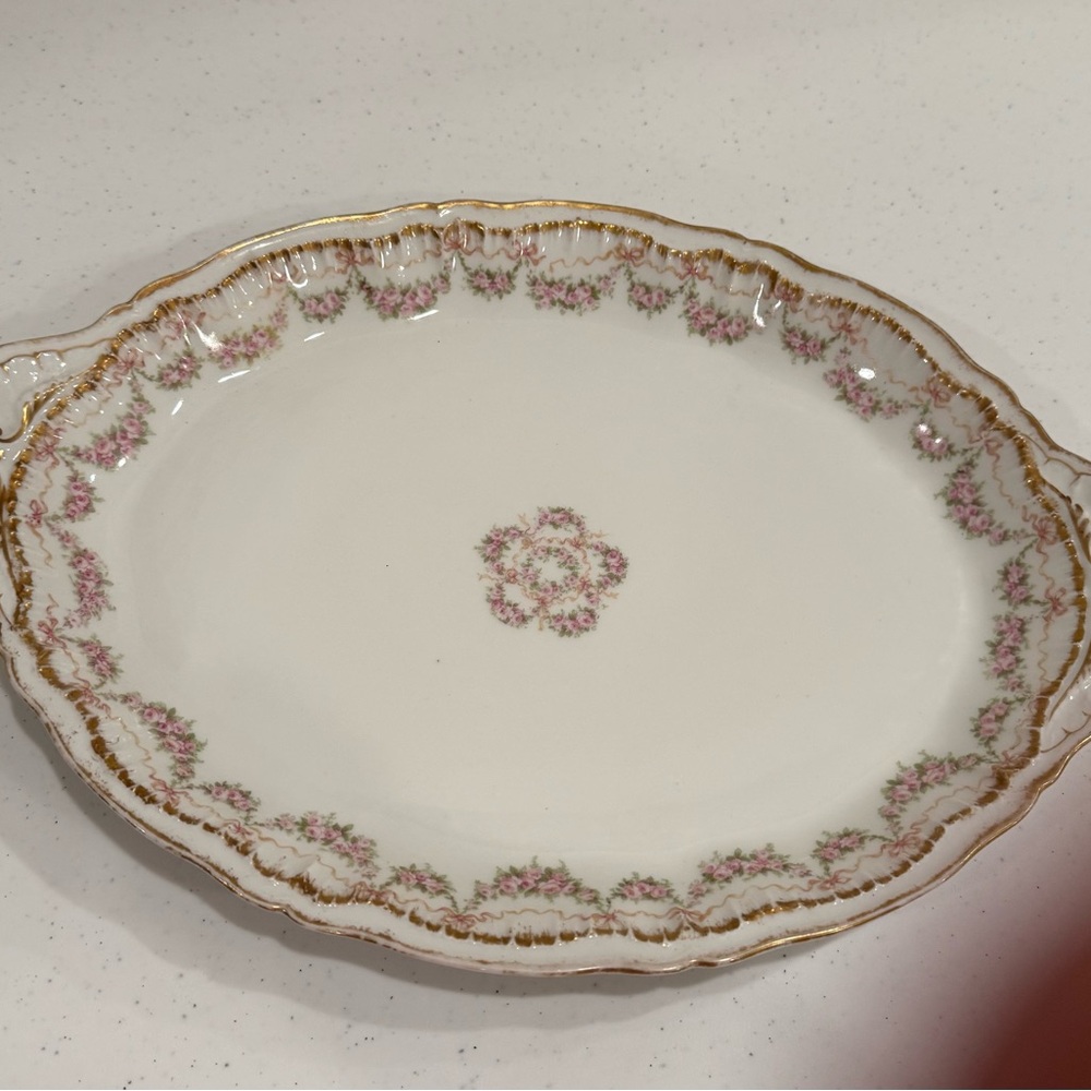 Haviland Schleiger 842 Oval Serving Platter — “Roses Bows Double Gold